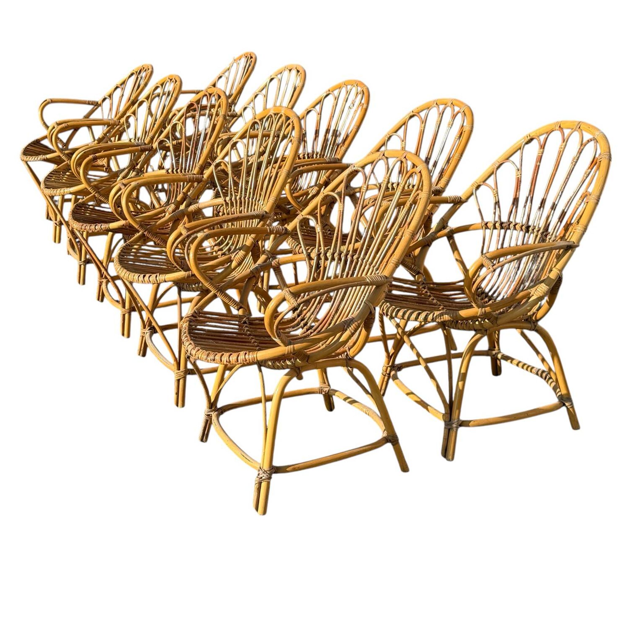 Set of 10 rattan armchairs from the 1960s, France.