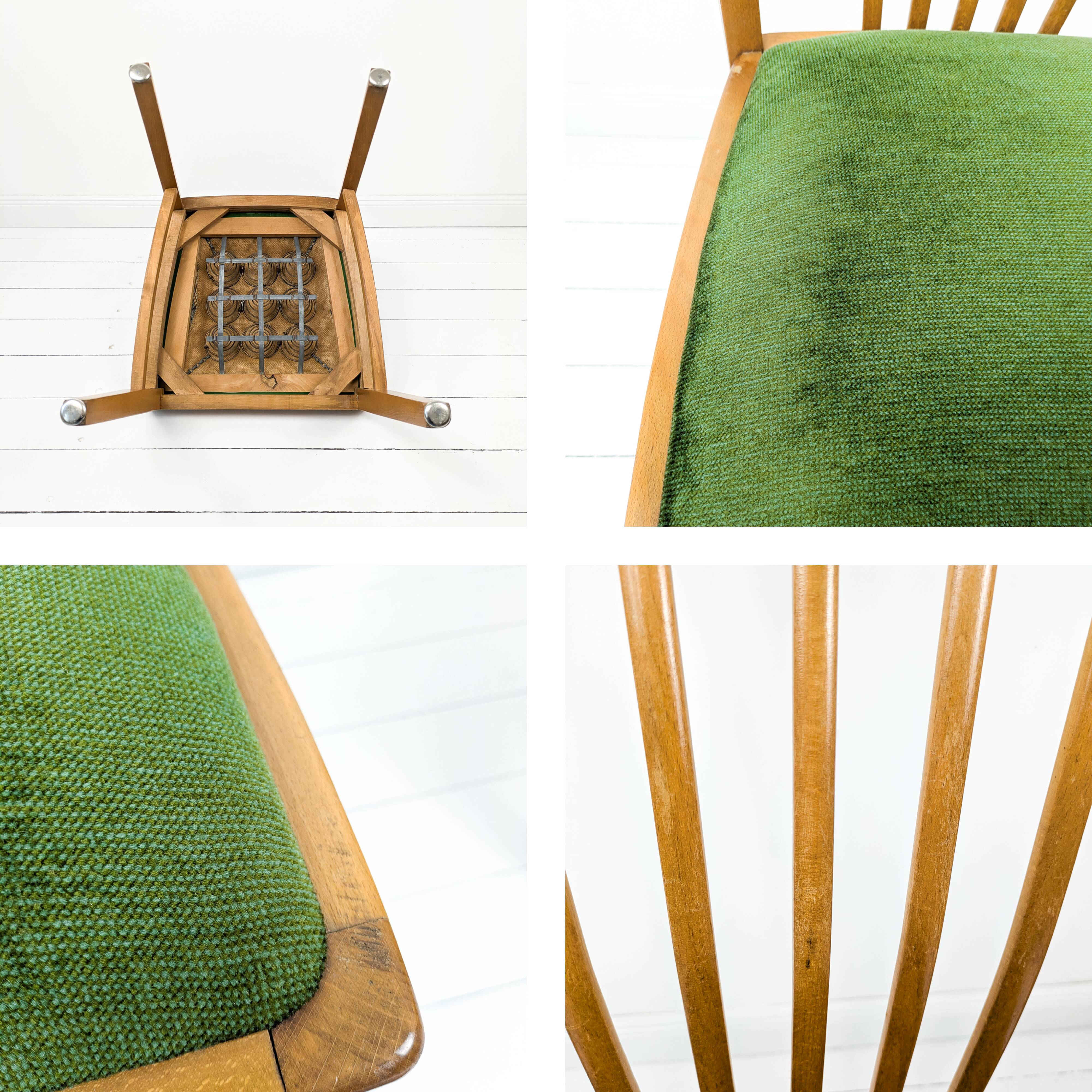Lot de 4 chaises Mid-Century à barreaux, tissu vert foncé
