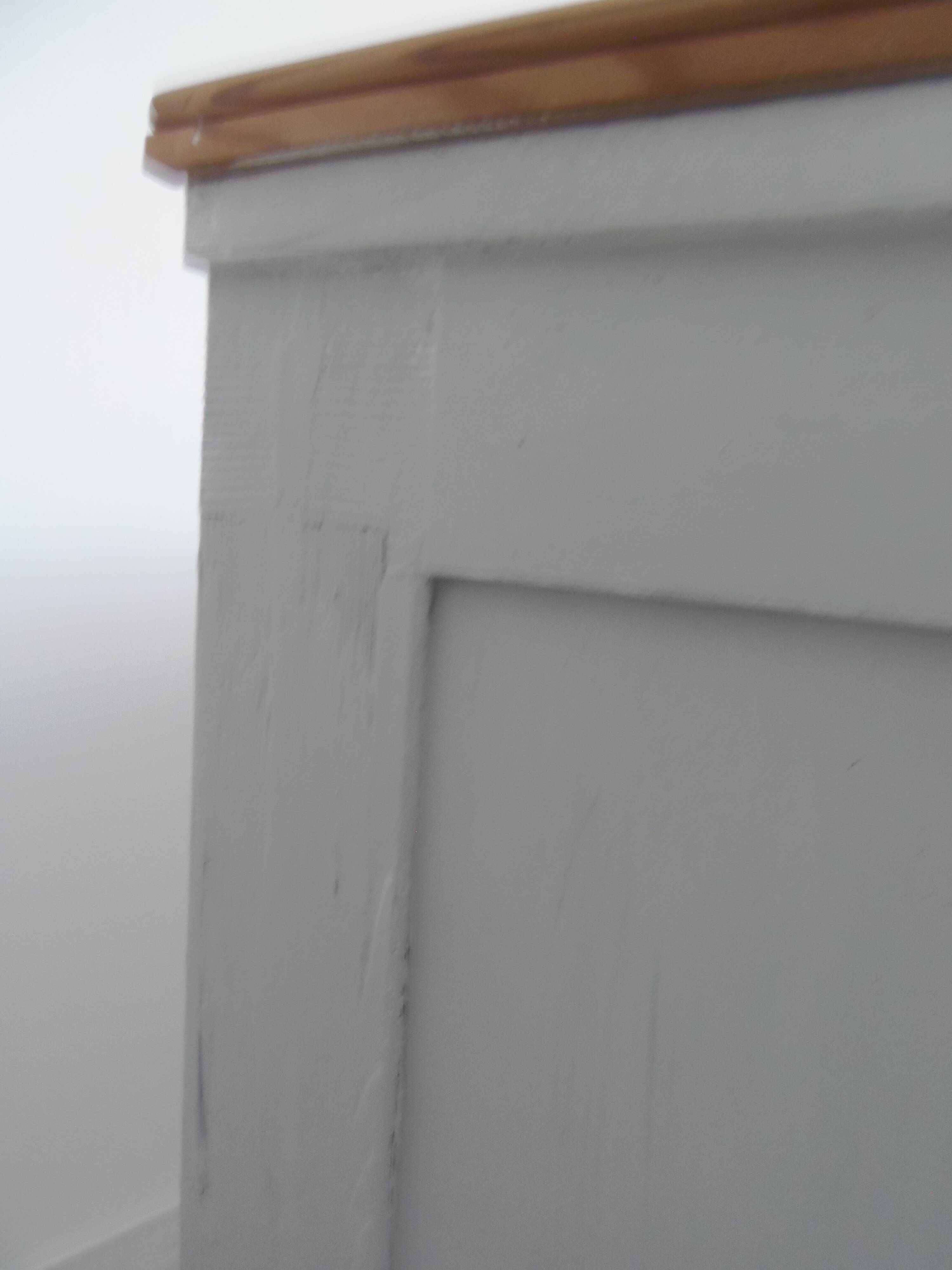 Vintage sideboard, 2 drawers, 1 shelf, 2 pearl gray patinated doors, wooden top.