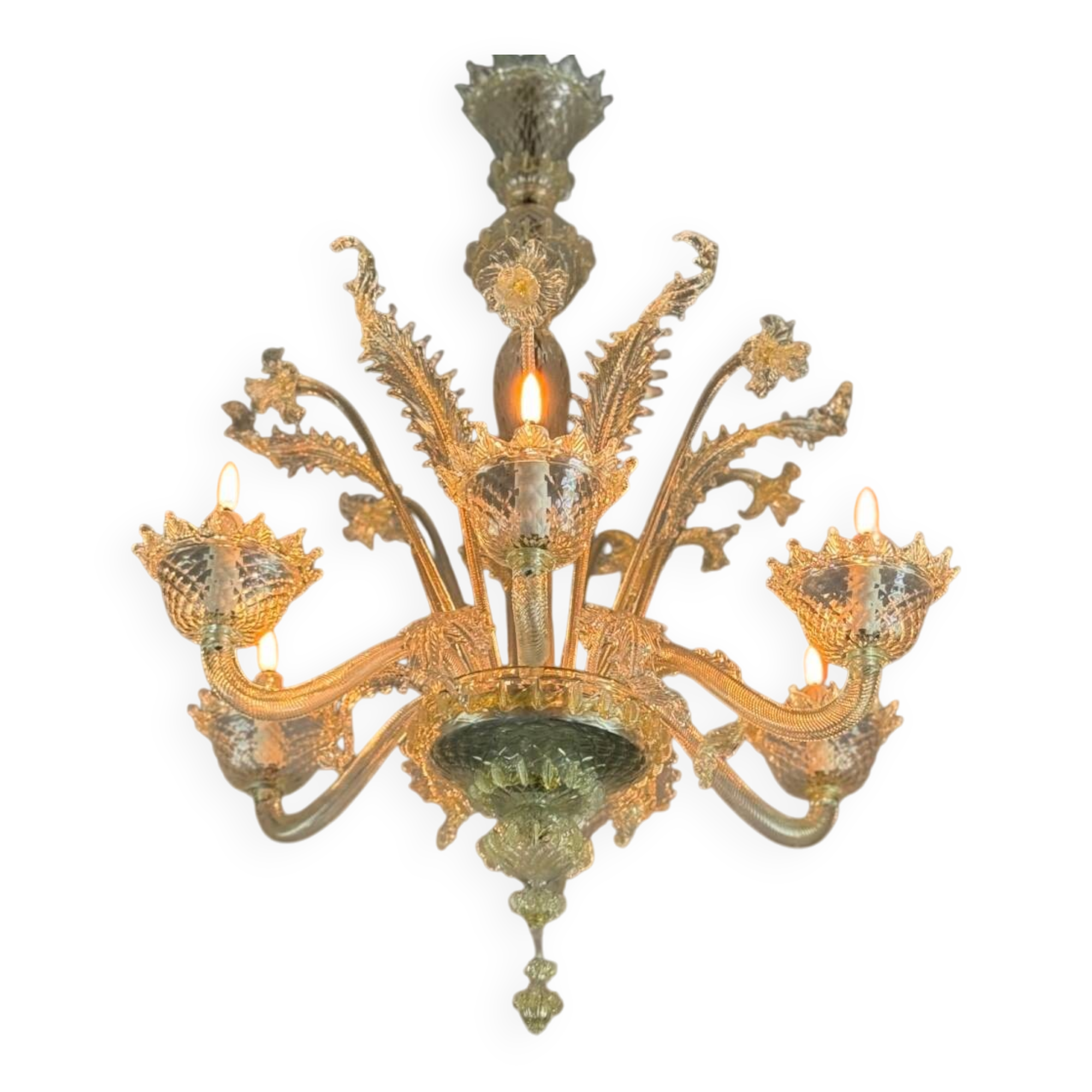 Venetian chandelier in gilded Murano glass, 6 light arms circa 1940