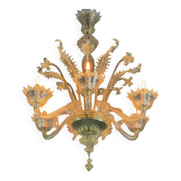 Venetian chandelier in gilded Murano glass, 6 light arms circa 1940