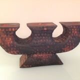 Brutalist chandelier with three heads in burnt wood / vintage 60s-70s