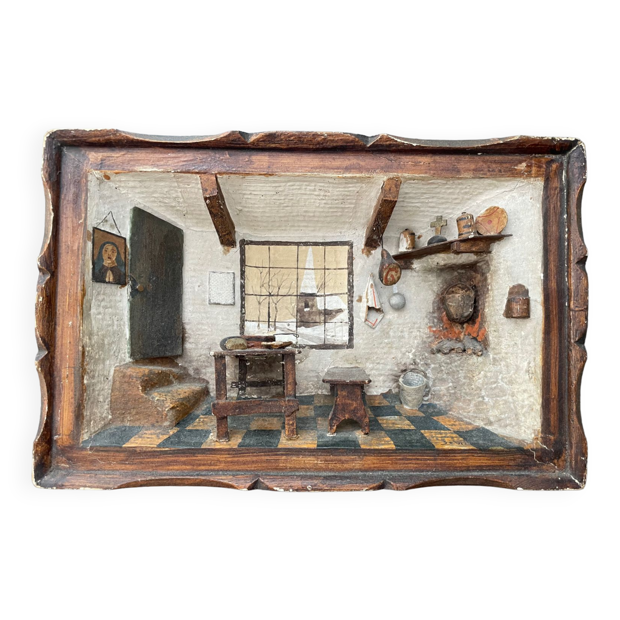 Old wooden model representing a late 19th, early 20th century kitchen