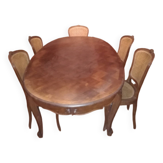 Table salle à manger en merisier style Louis XV, et ses 5 chaises empaillées