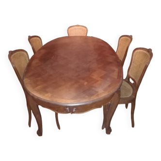 Louis XV style cherry wood dining table, and its 5 stuffed chairs