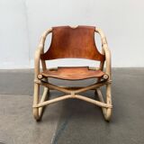 Mid-century safari lounge chair in bamboo and Danish leather, 1960s.