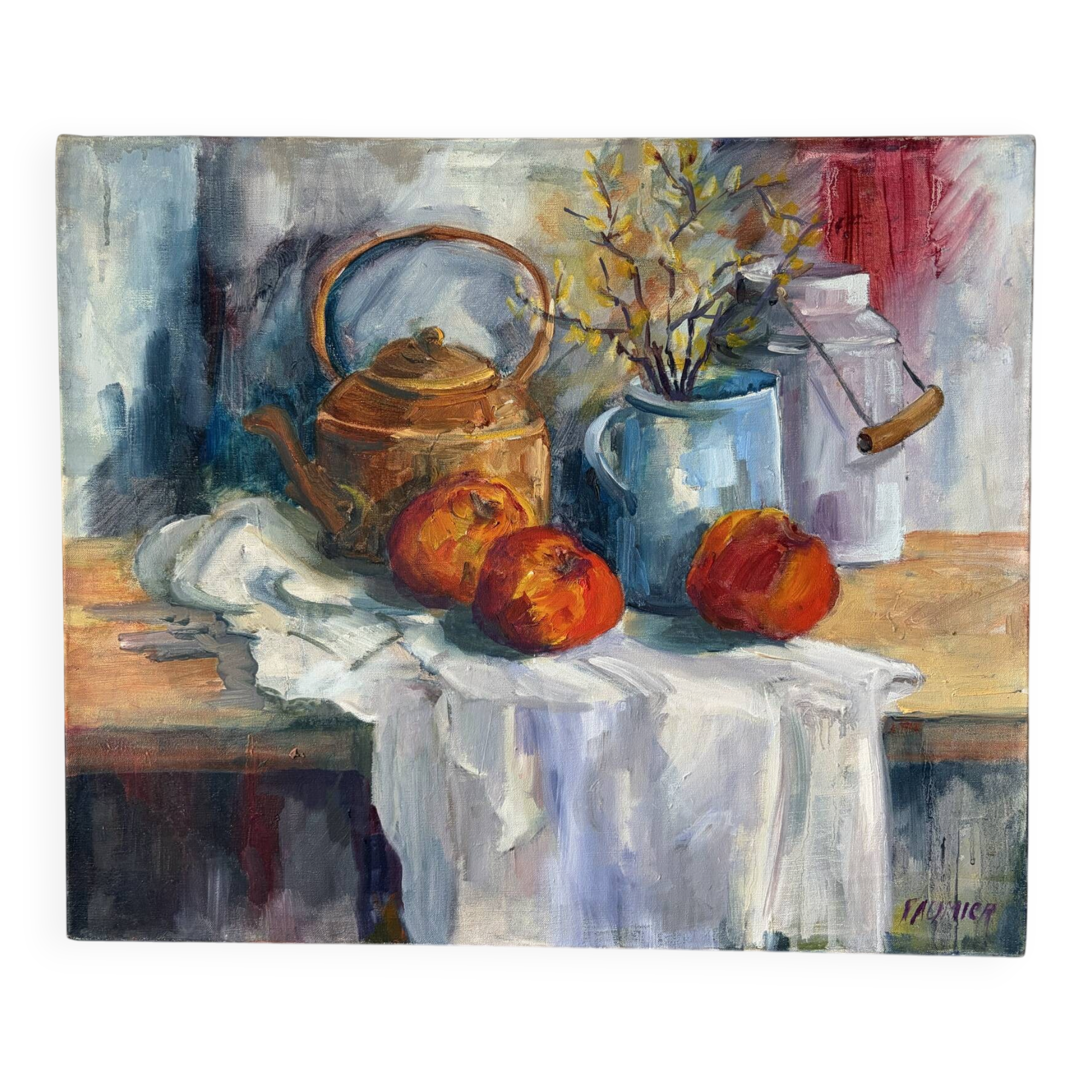 Nature morte, table de cuisine signé Paumier 1999