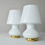 Pair of MidCentury Modern Murano Glass Mushroom Table Lamps for Vetri Italy 1960