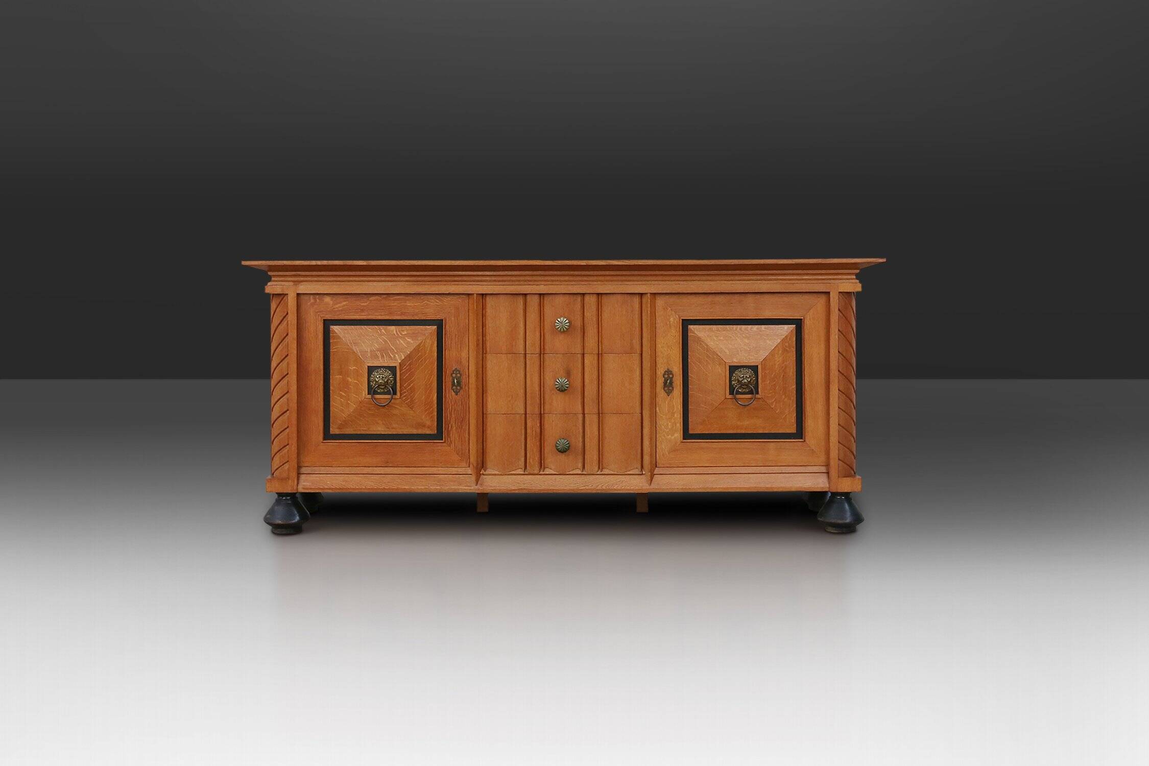 Art Deco brutalist Belgian Oak and Brass Sideboard, 1940s