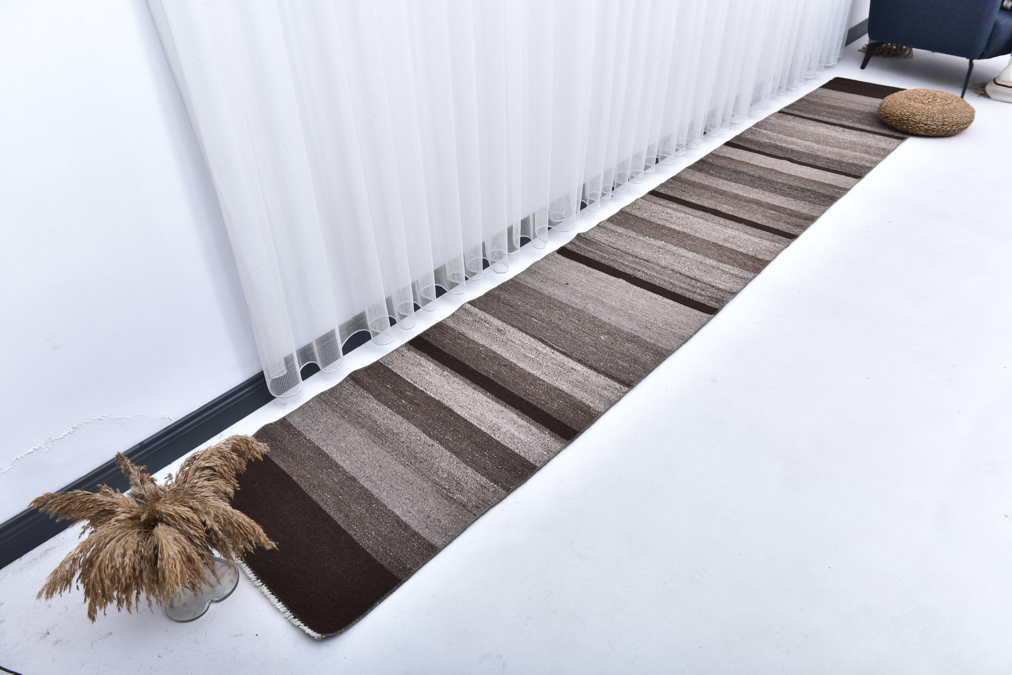 418x65 cm dark brown beige turkish runner wool kilim rug, corridor kilim