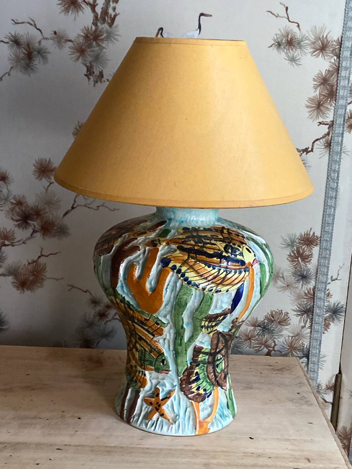 Ceramic lamp signed Claude Pruffert – Vallauris, marine decor in relief