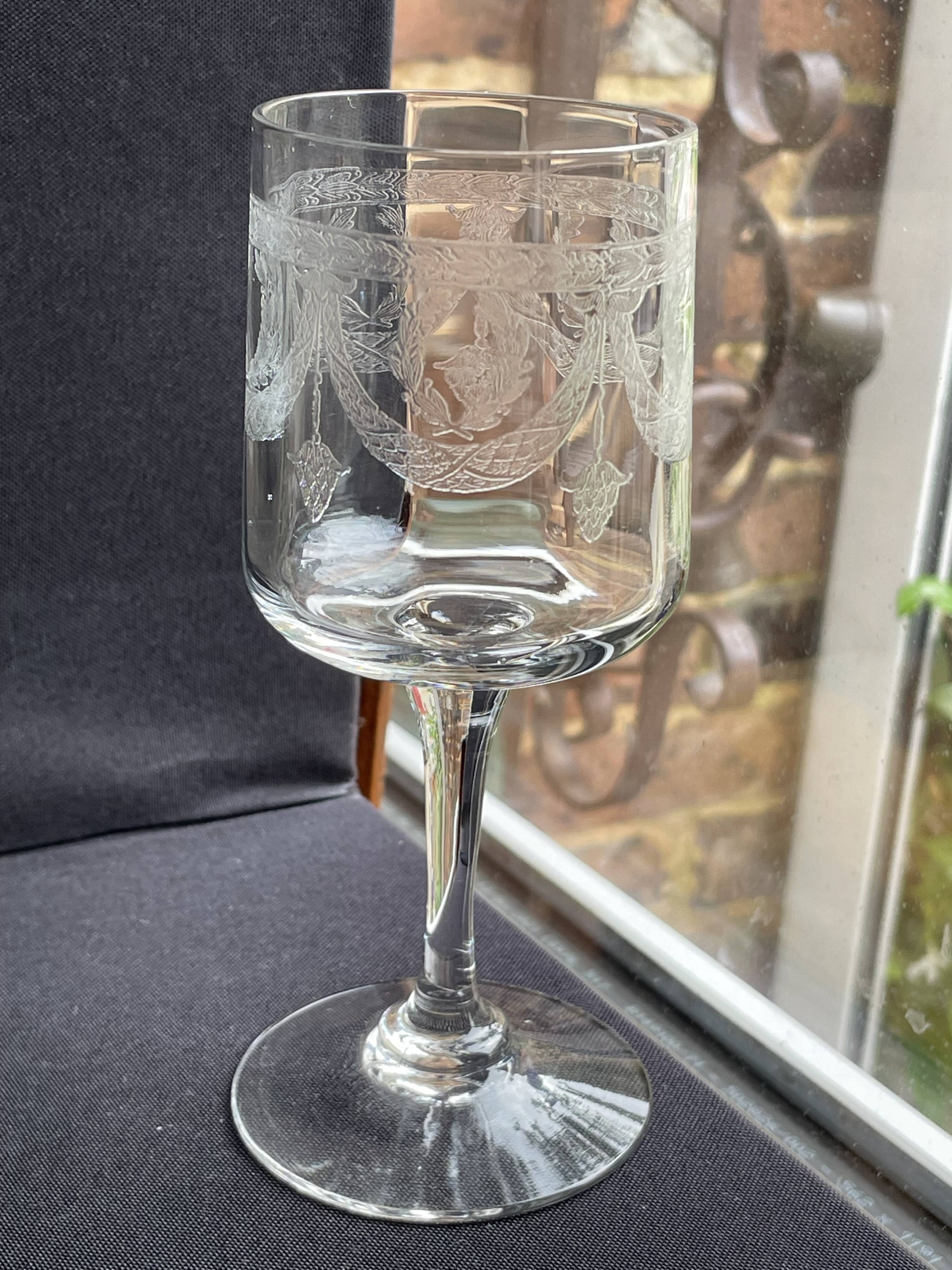 7 ½ crystal guilloche wine glasses – Art Nouveau
