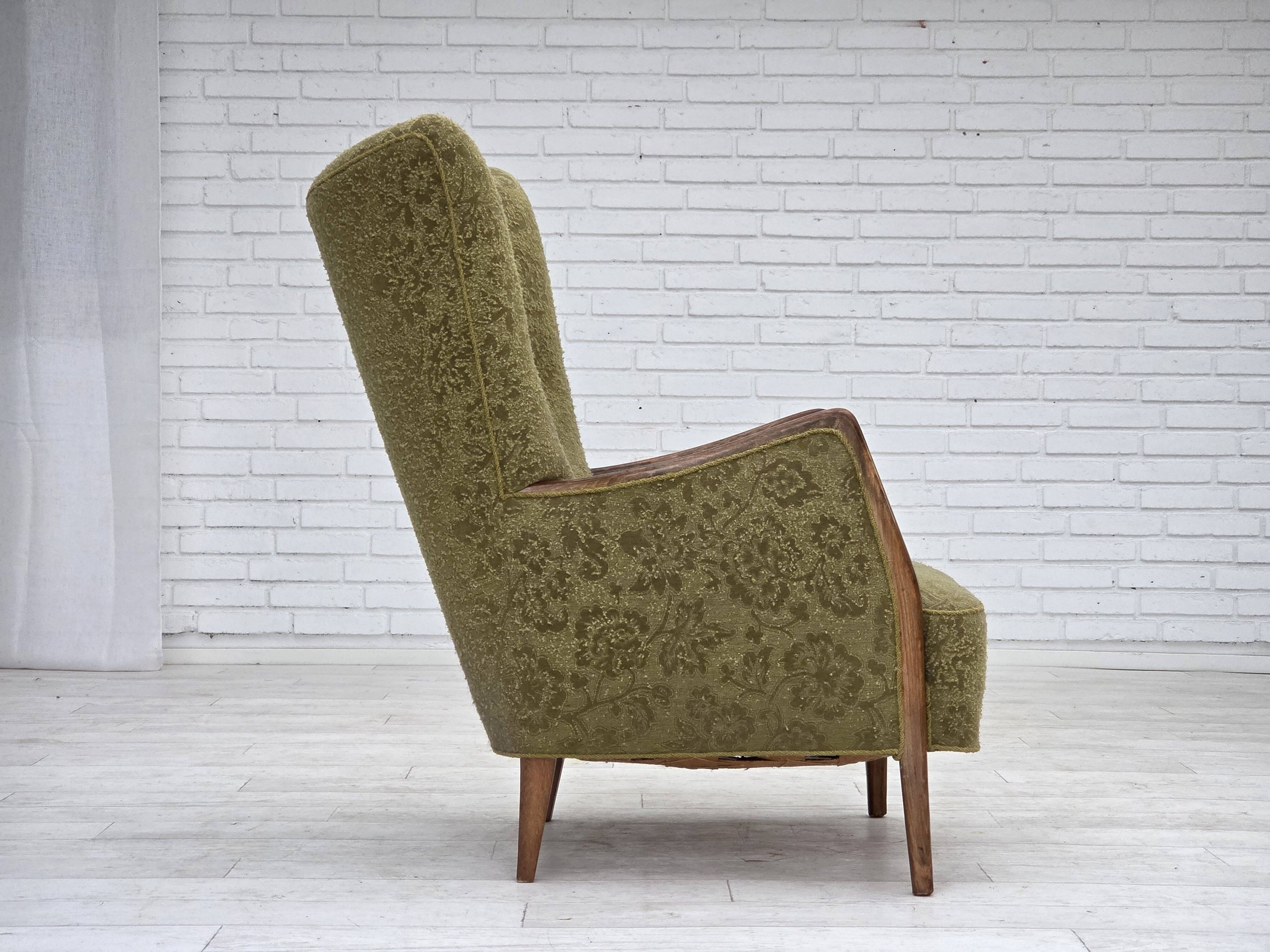 1960s, Danish armchair, original green furniture velour, ash wood
