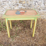 Old small side table in solid wood hand painted, rooster decoration