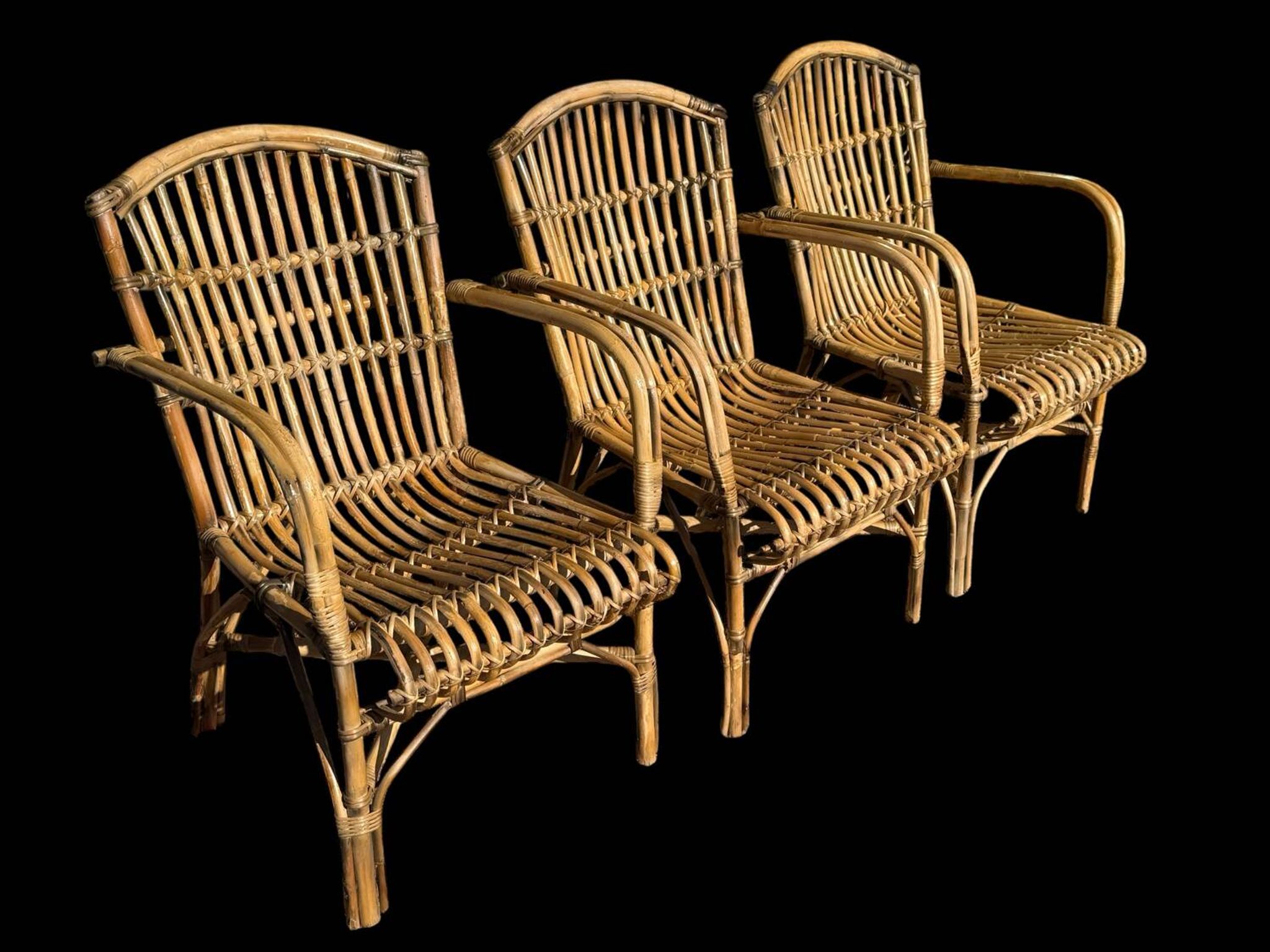 Set of 3 rattan armchairs from the 1970s France