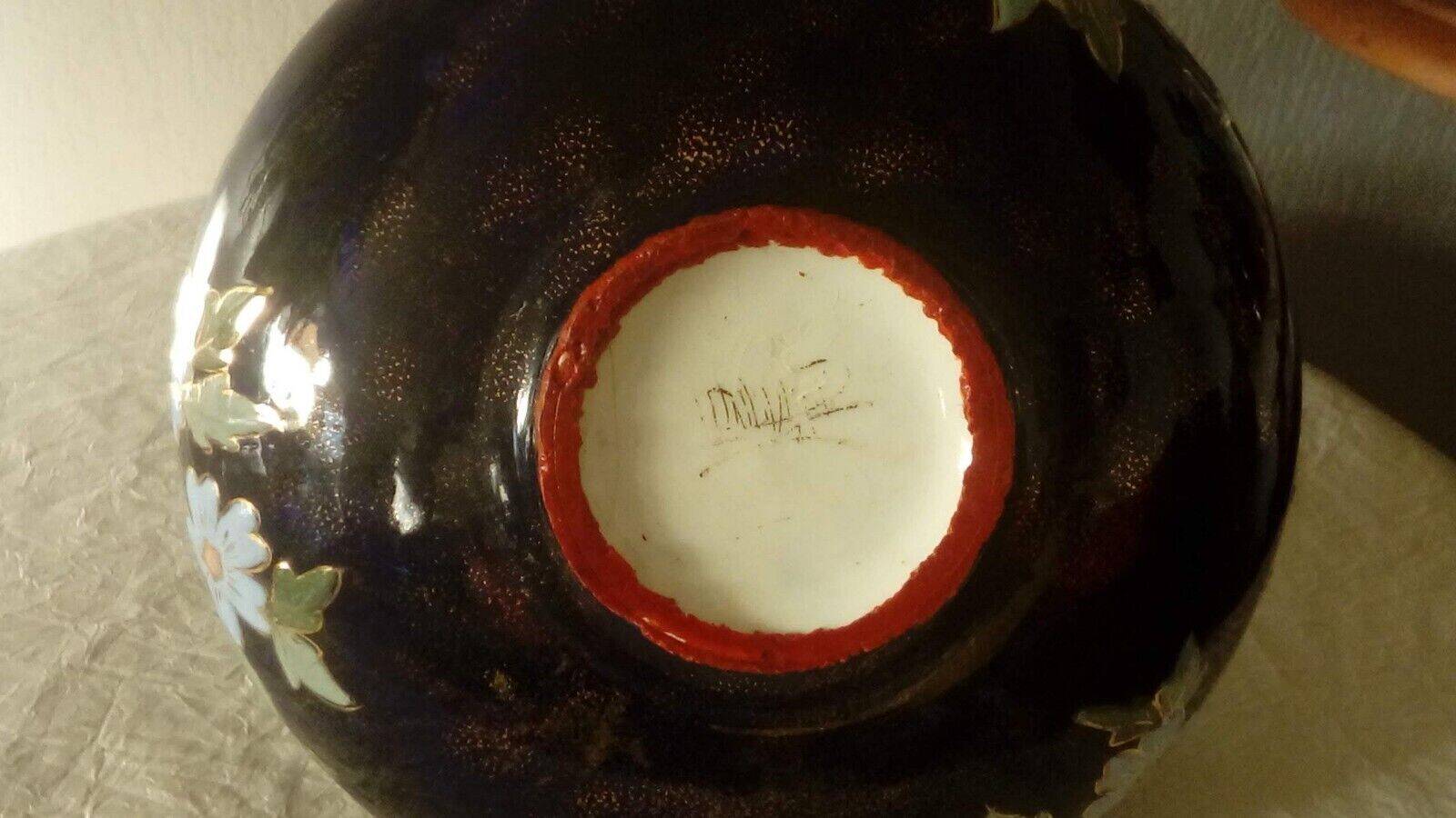 Centerpiece vase in blue earthenware from the oven with Sarreguemines enameled decor