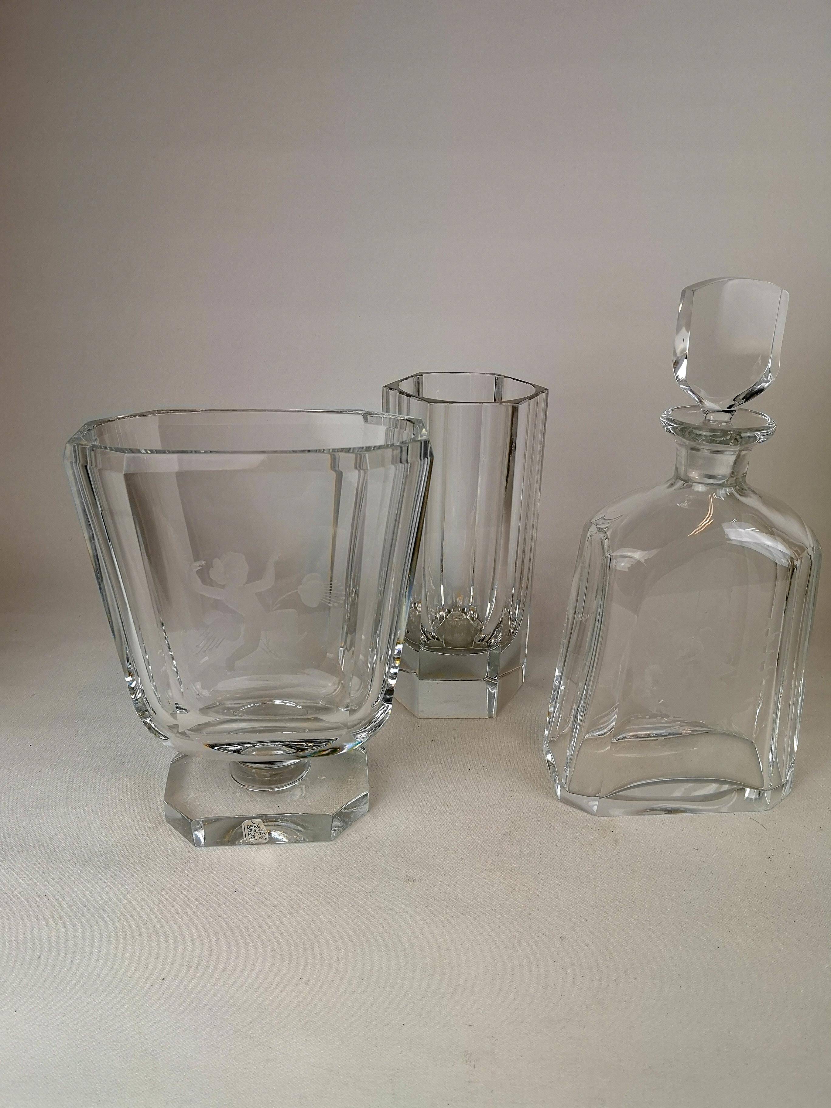 Art Deco three-piece crystal set by Elis Bergh, Kosta, Sweden, 1930s.