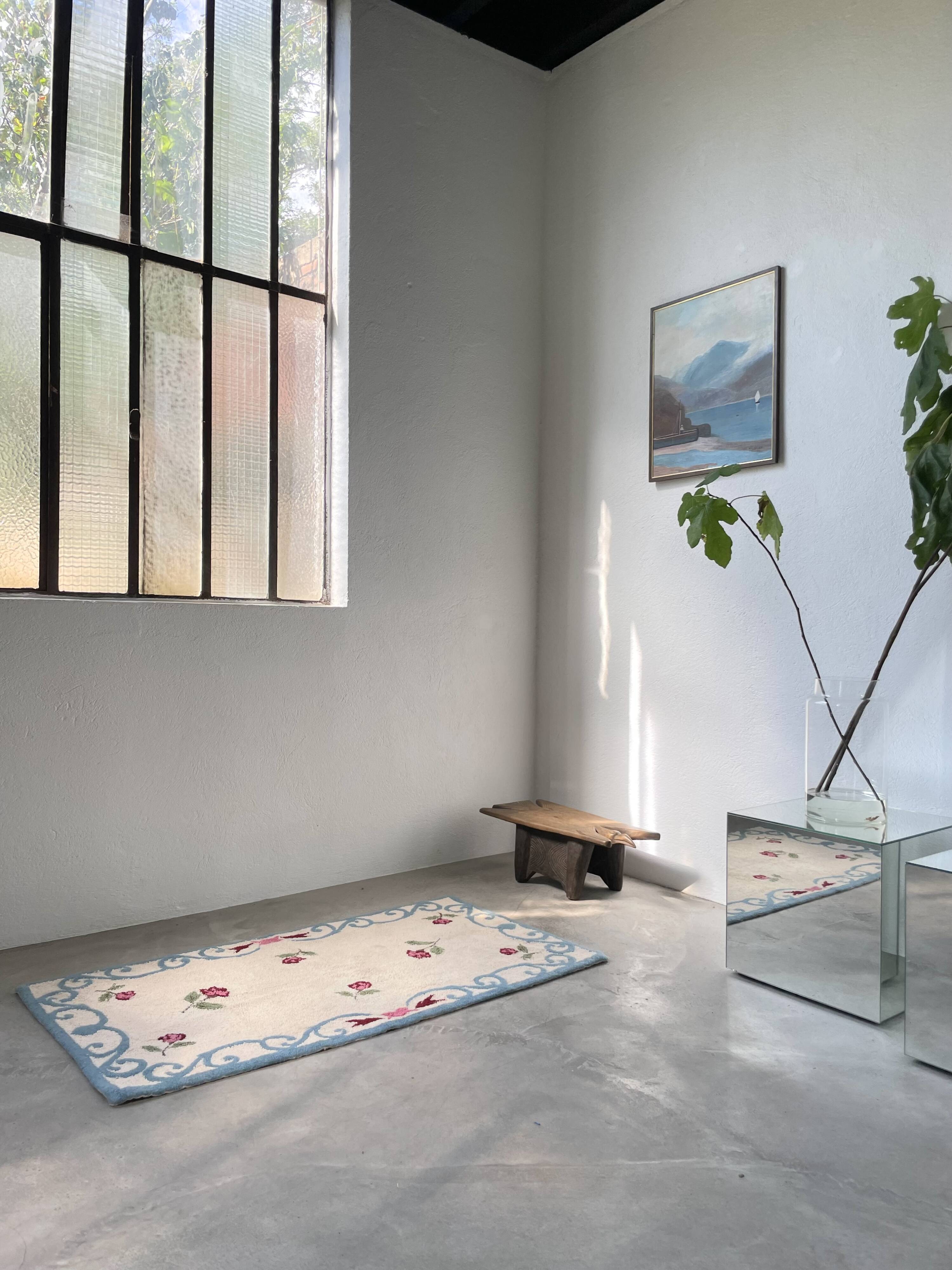 White and blue floral wool rug