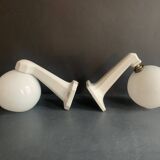 Pair of Art Deco porcelain wall lights with white Opaline globes, 1920