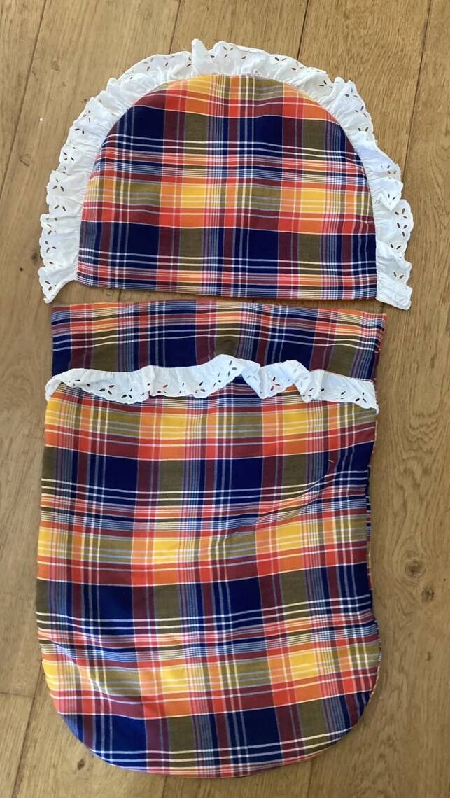 1970s wicker rattan portable bassinet cradle complete with bedding