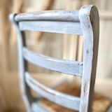 Wooden chair and seat in vintage blue straw