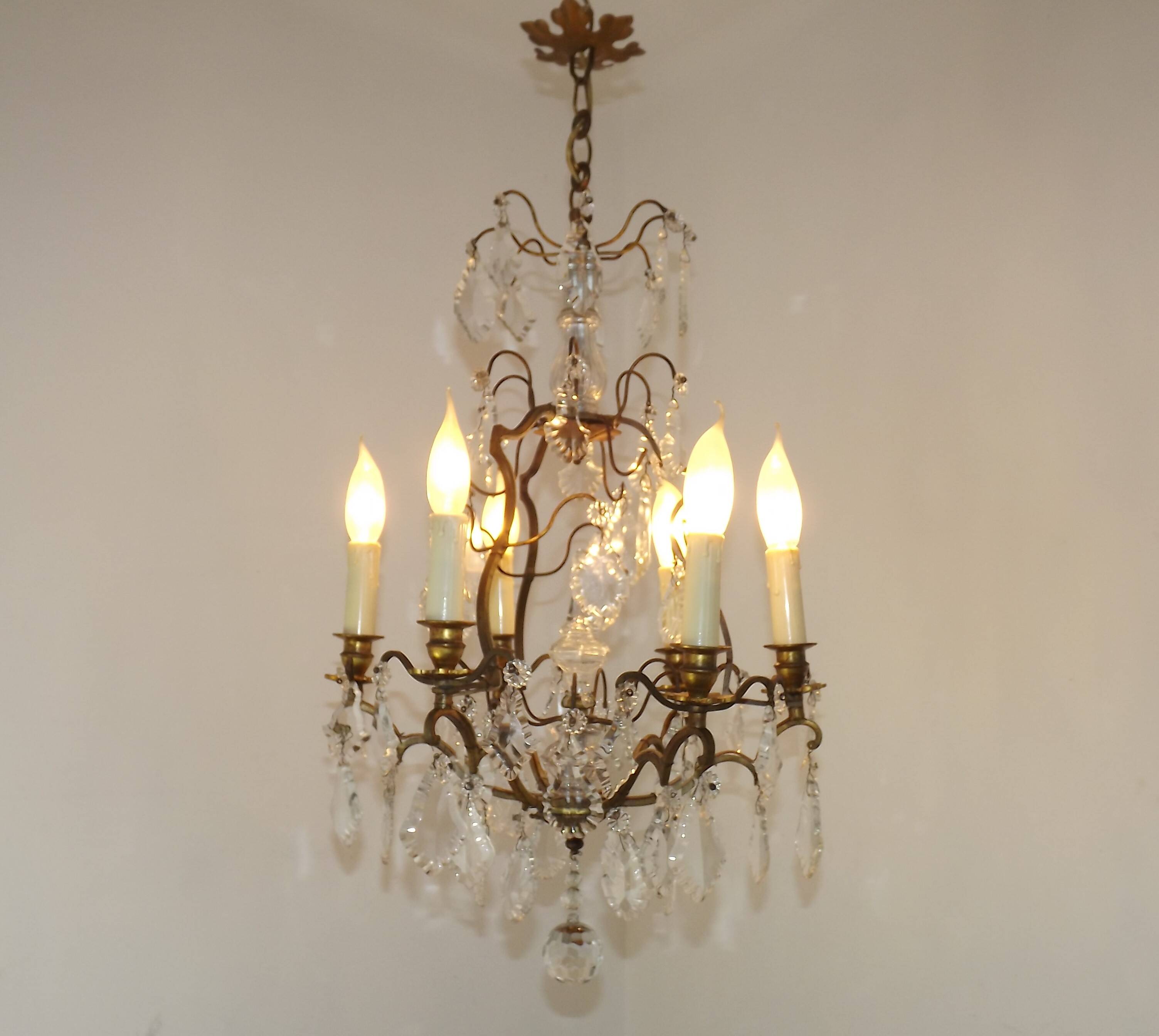 French Bronze and Glass 6 Light Cage Chandelier With Assorted Crystals 5518