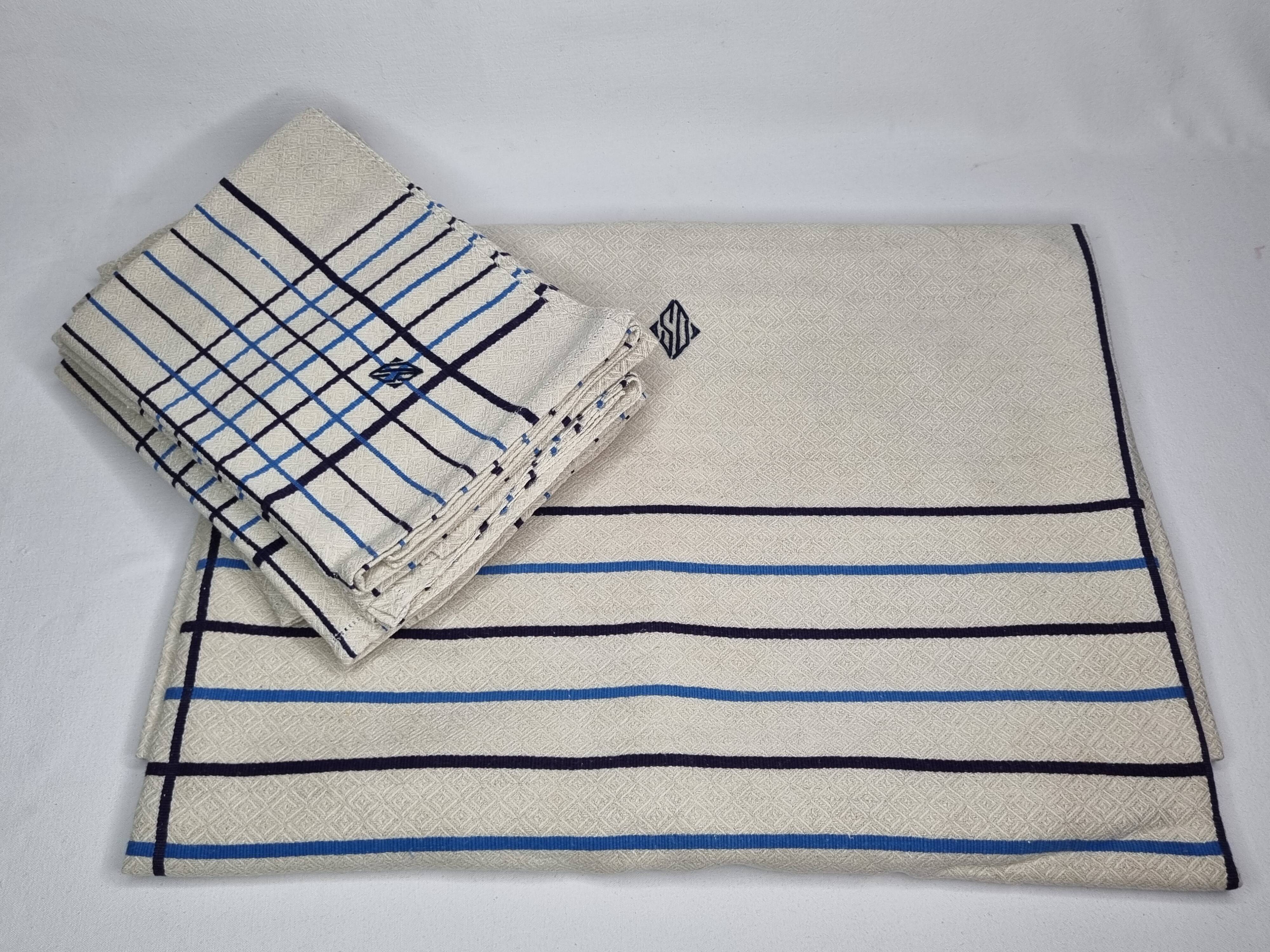 Vintage Table Set Damask Tablecloth and 8 Matching Embroidered Napkins, Blue and White Patterns