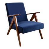 Fauteuil classique Var B-310, velours bleu marine vintage années 1960 - bois foncé