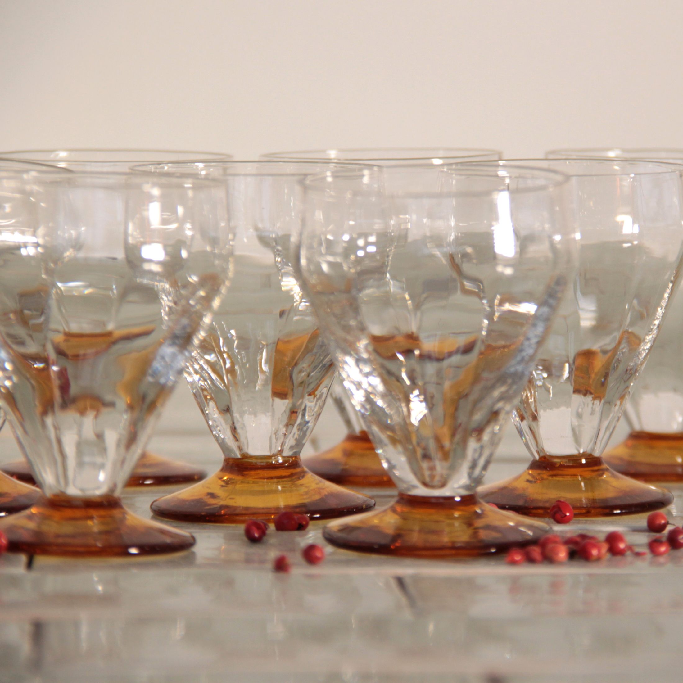 Set of 9 antique art deco wine glasses vintage amber foot