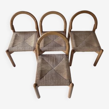 Set of 4 vintage chairs, curved oak and mulch, Norway 1960