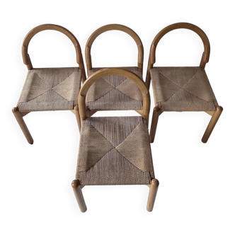Suite de 4 chaises vintage, chêne courbé et paillage, Norvège 1960