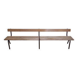 Vintage wooden and metal nursery school bench, 2 m