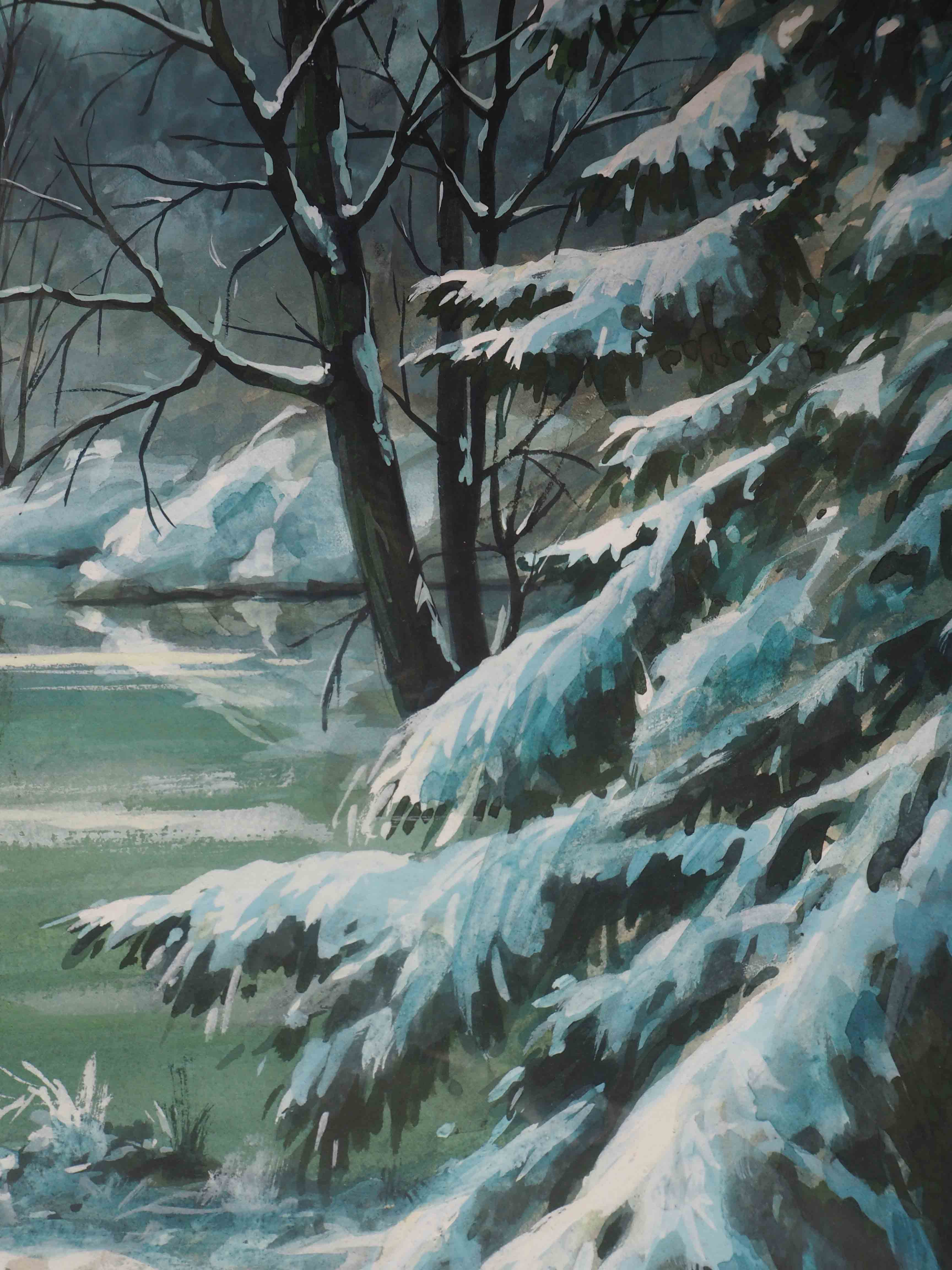 Painting Under snowy wood mountain landscape by Victor DUMAY (1901-1981)