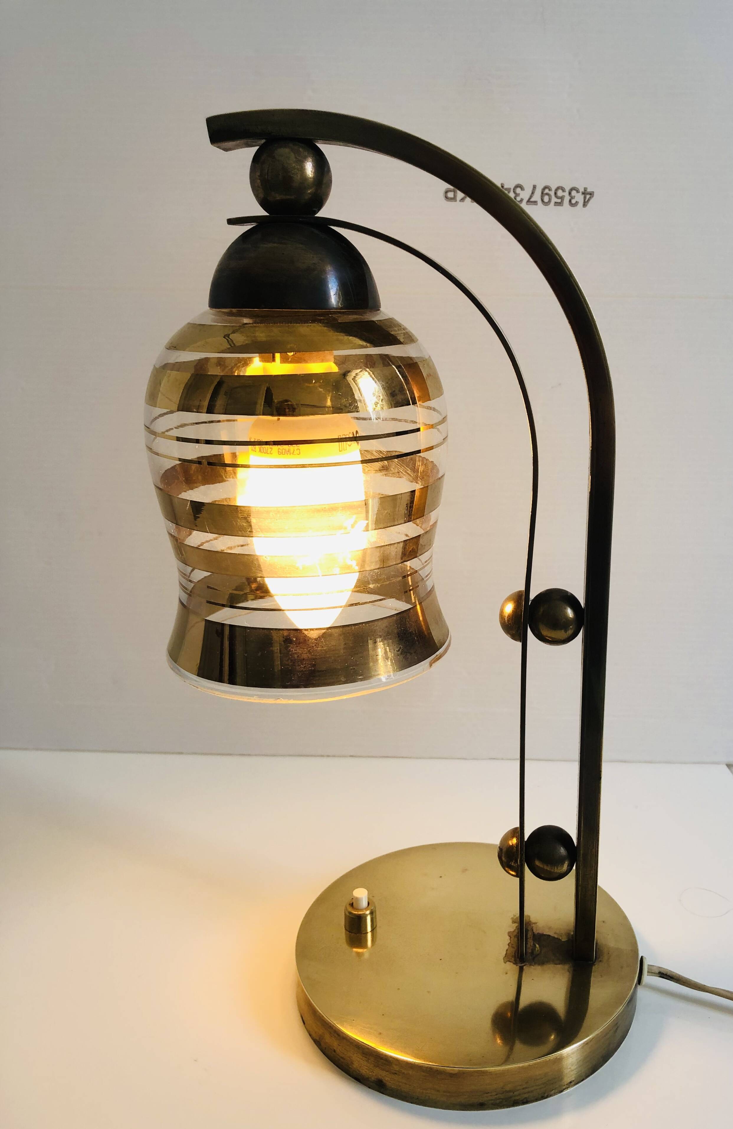 Table lamp style bauhaus years 40-50 brass with golden glass tulip