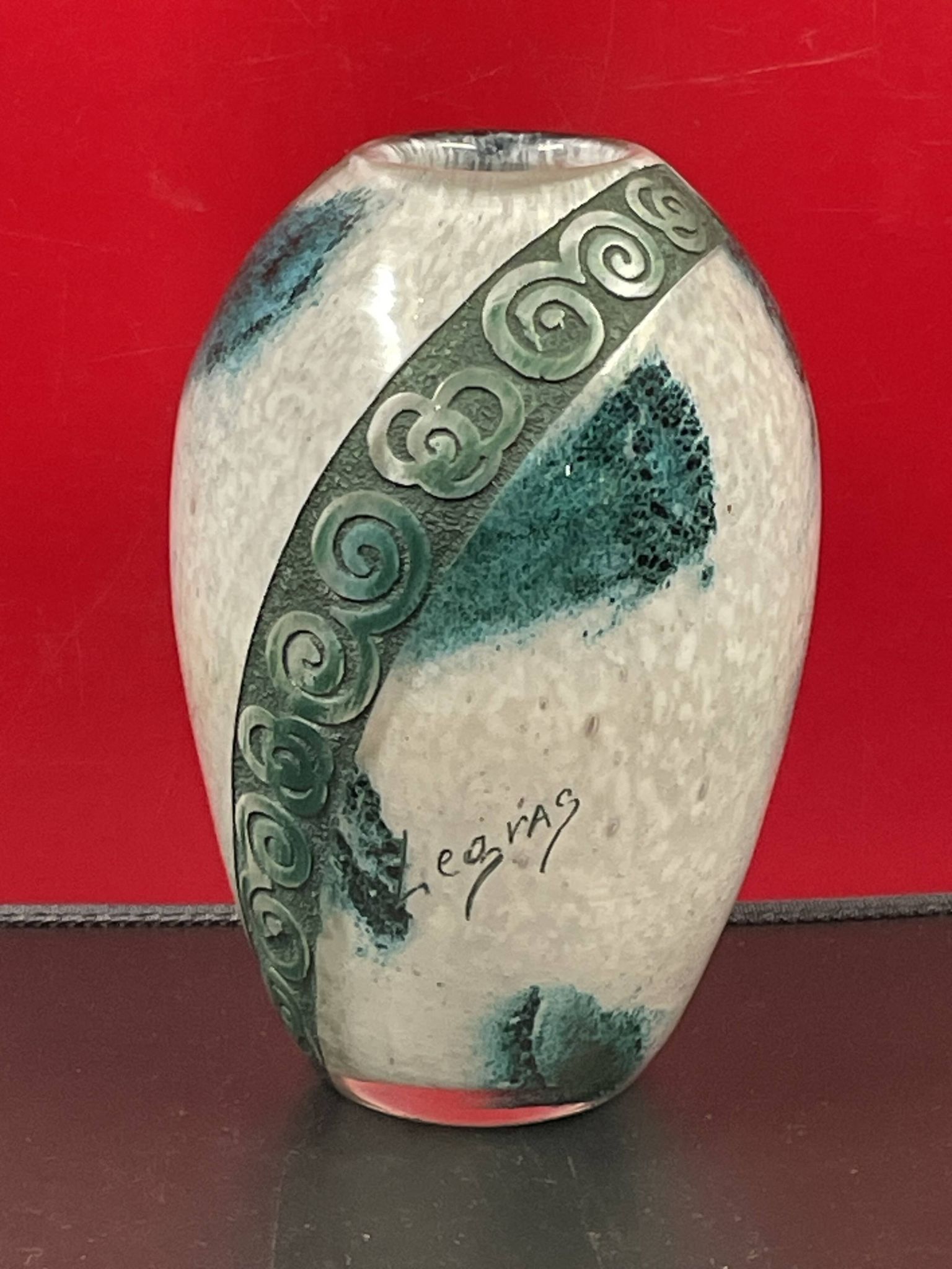 Vintage art déco pâte de verre décor géométrique, signé legras h 16 cm