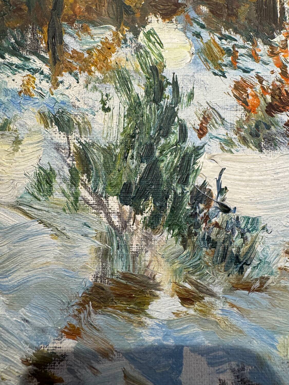 Antique painting, landscape under the snow, signed Fallet 1967