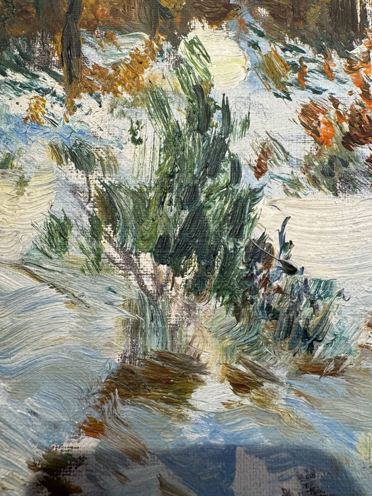 Antique painting, landscape under the snow, signed Fallet 1967