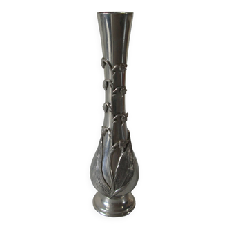 Old small soliflore vase decor sprig of lily of the valley in pewter retro living room decoration