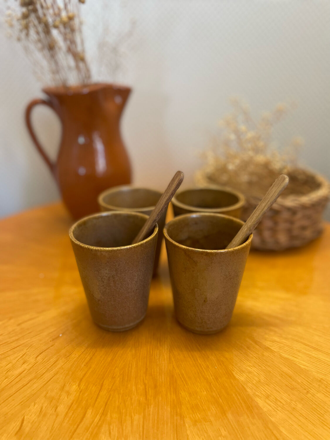 Set of 4 Digoin stoneware cups, glasses and wooden spoons
