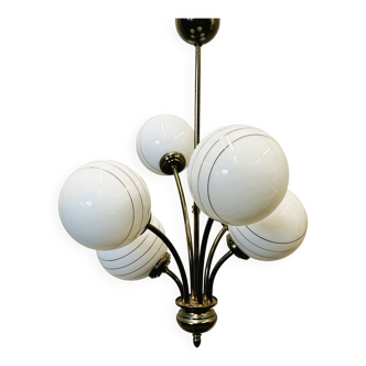 Hollywood Regency Opaline Chandelier with gold stripes by Massive, Belgium,