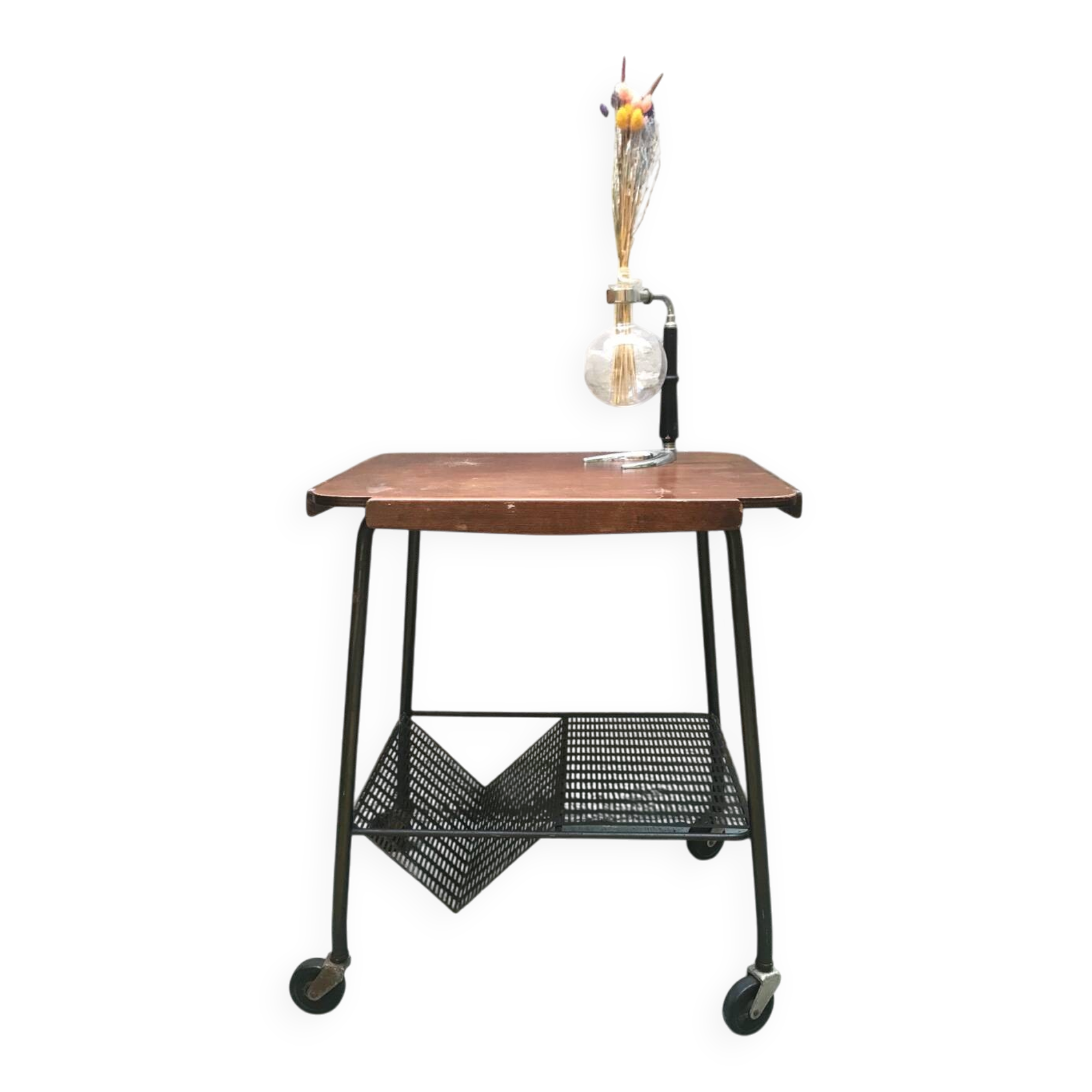 Vintage side table / serving trolley on wheels, signed Tubauto Levalloi