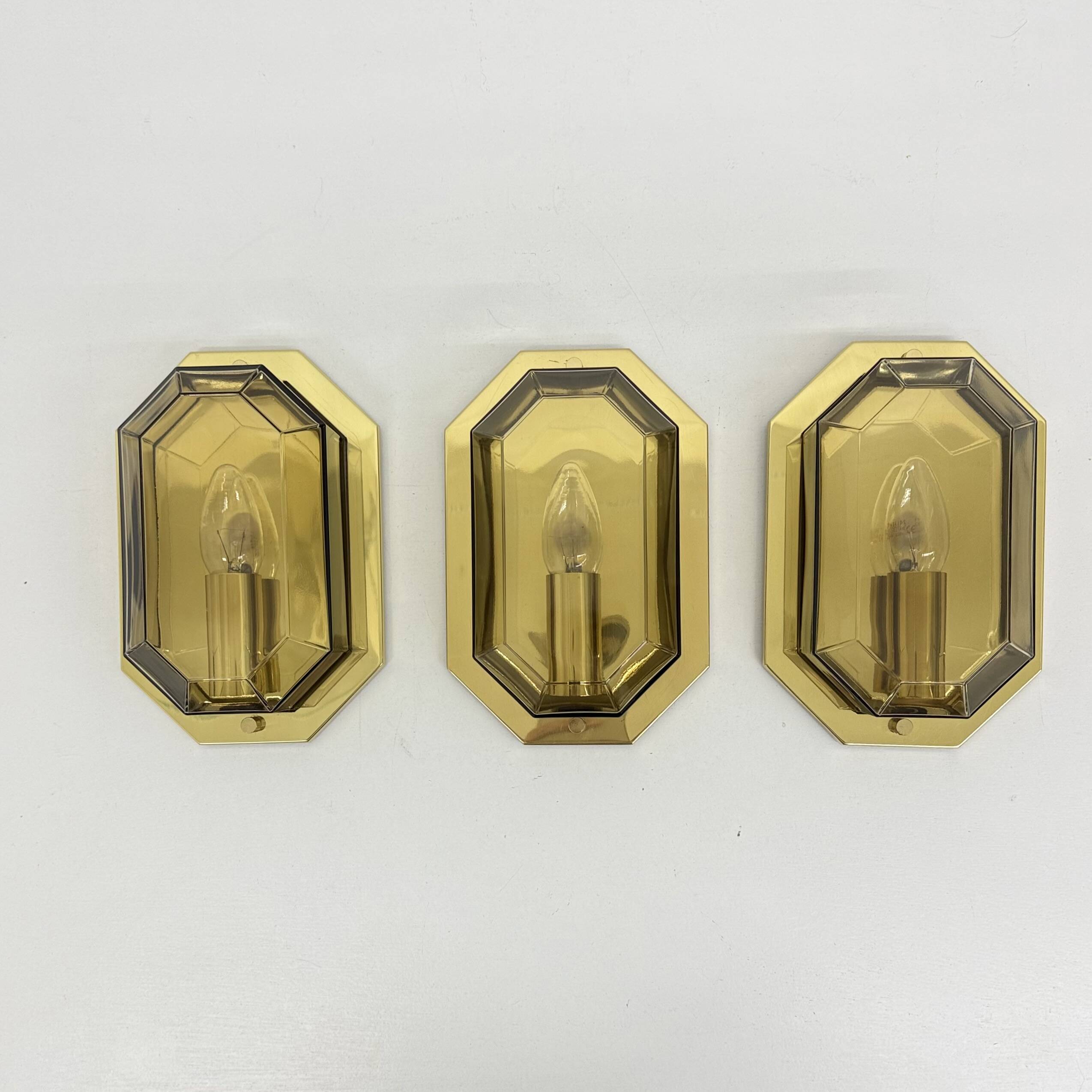 Set of 3 Limburg Glashütte smoked glass and brass wall lamps sconce , 1970s