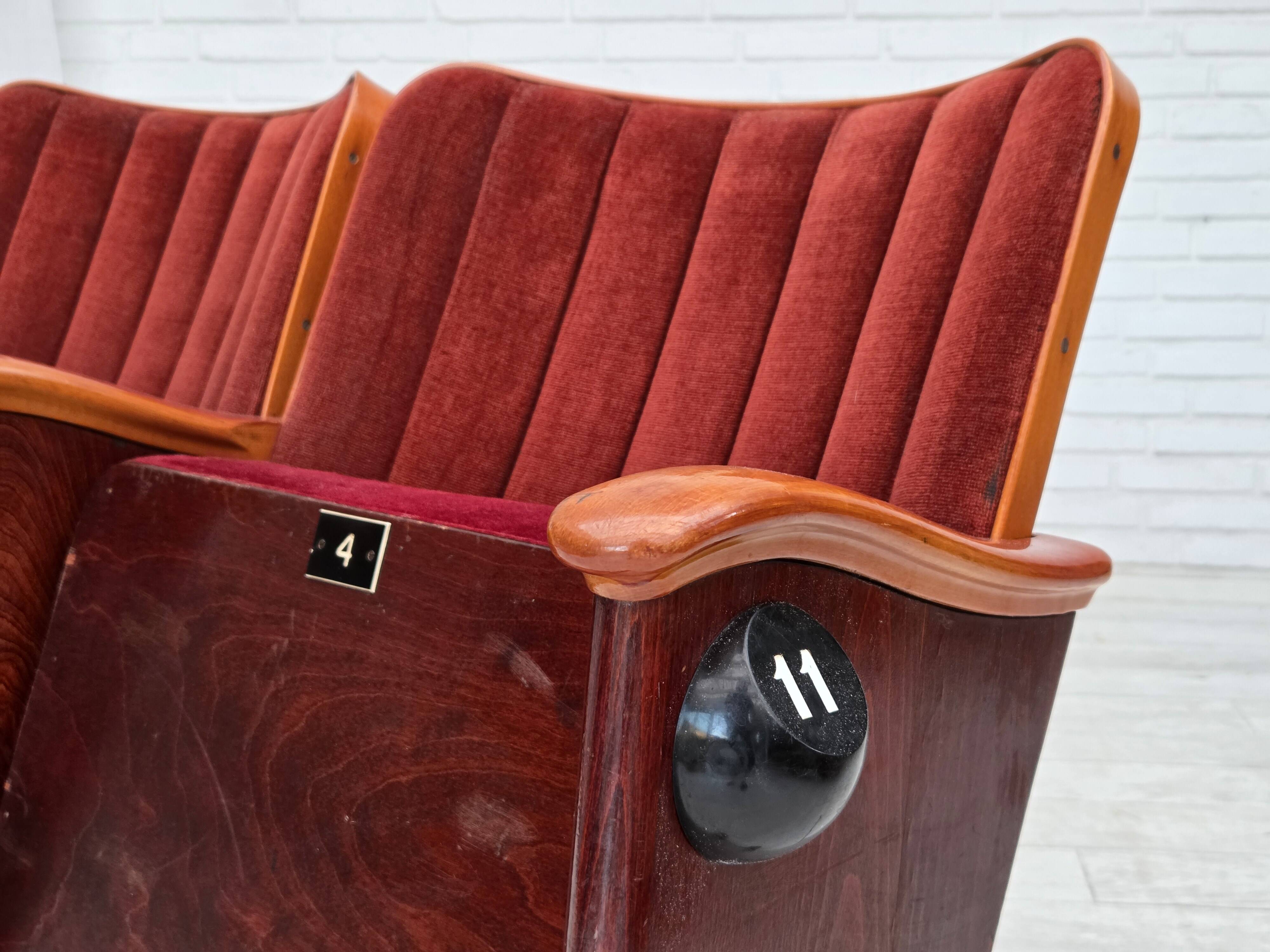 1950s, Danish theater armchairs, furniture velour, original condition.