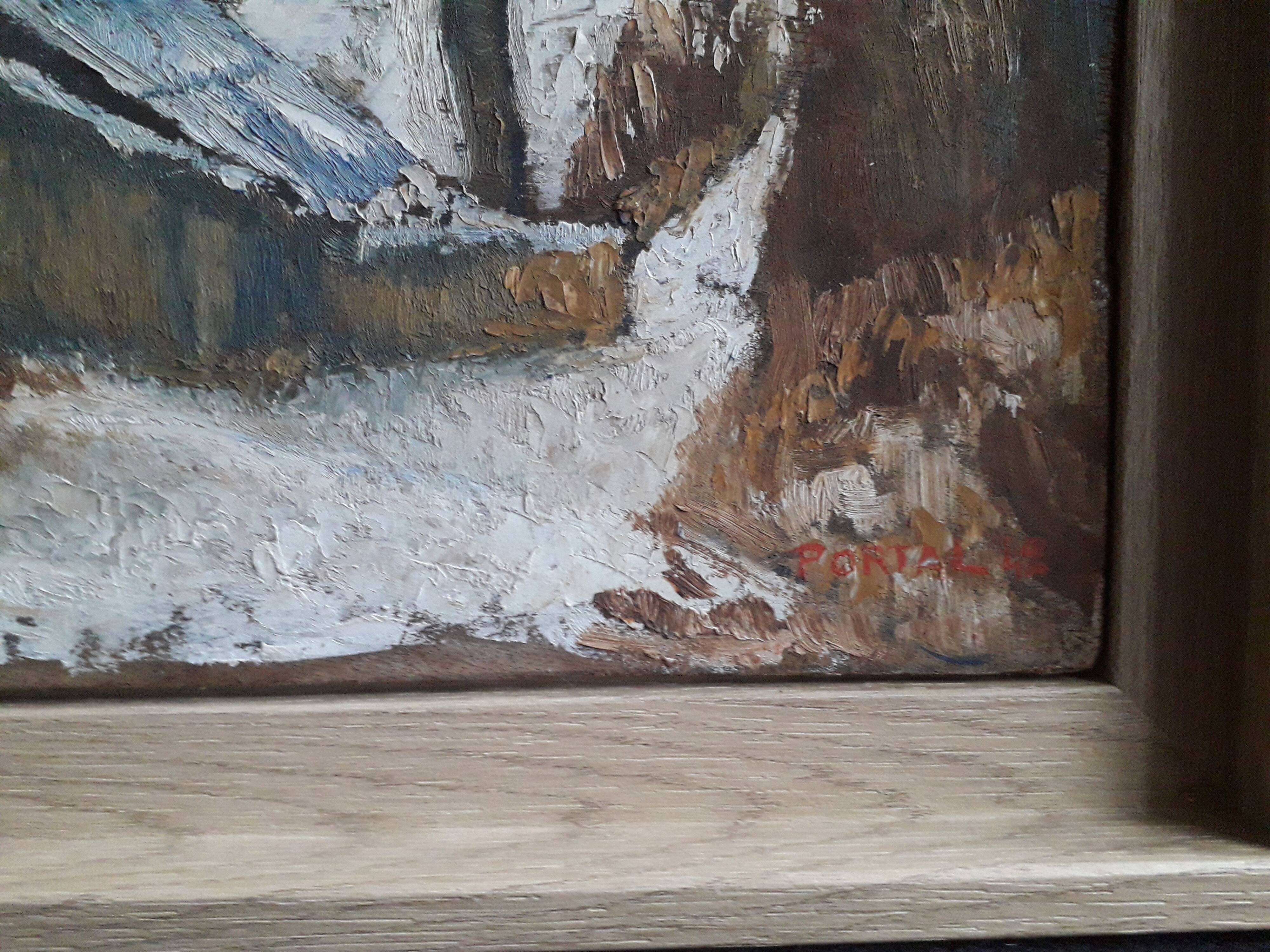 Old oil painting representing a winter landscape