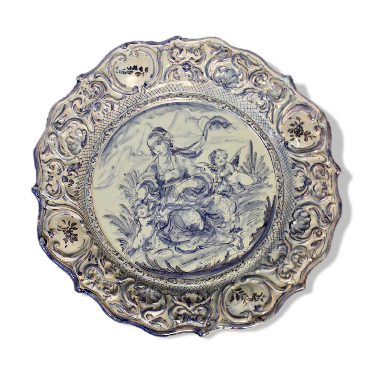 Round hollow dish in blue earthenware diameter 48 cm signed