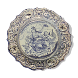 Plat creux rond en faïence bleue diamètre 48 cm signé