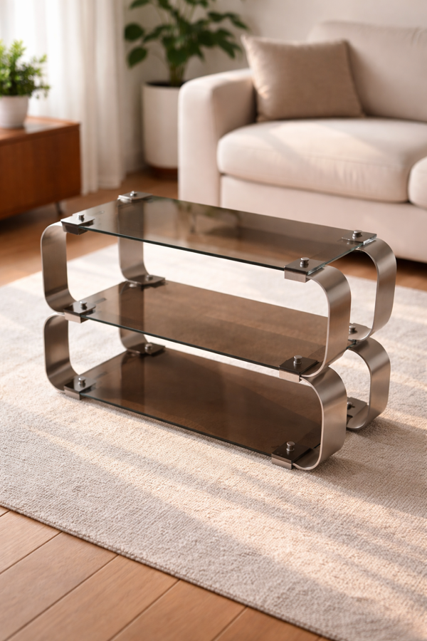 Étagère design Donald Singer Design années 70 – Inox & verre fumé