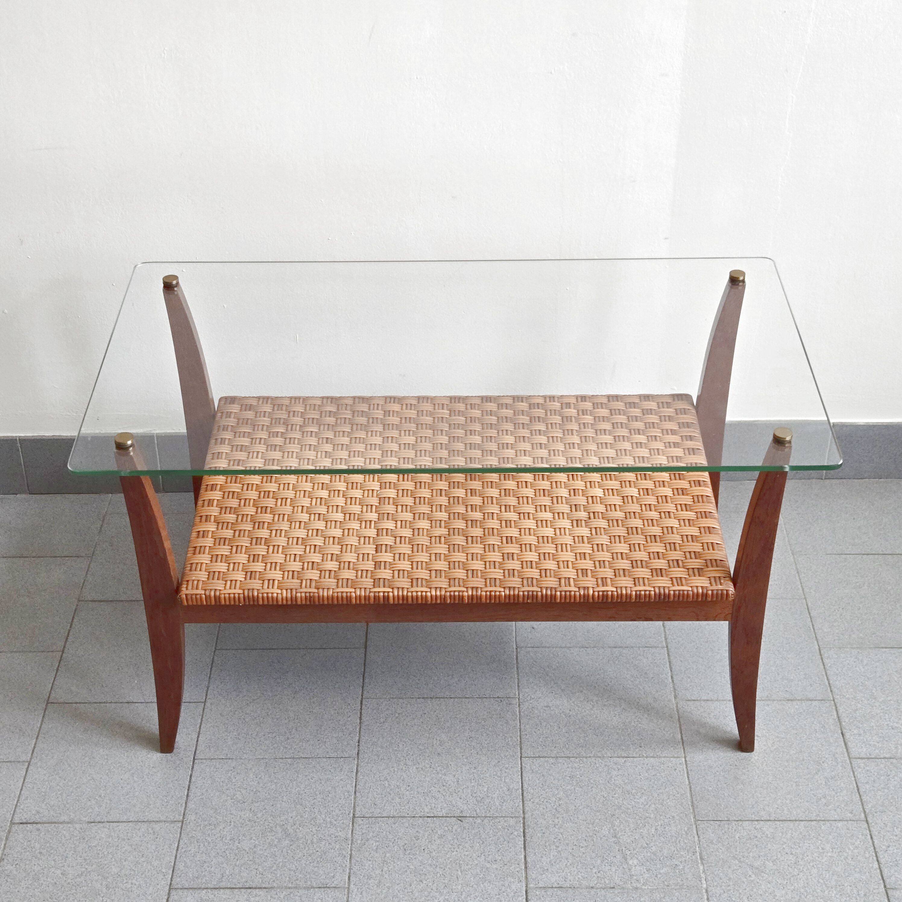 Table basse en rotin & hêtre 1960 vintage
