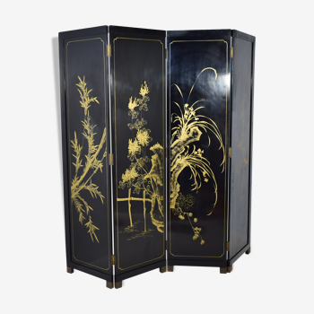 Four-leaf screen, China, twentieth century, hard stones and ivory, brass, decorated with characters.