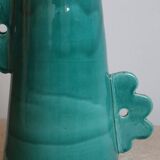 Handmade ceramic abstract vase with large handles and turquoise blue flowers